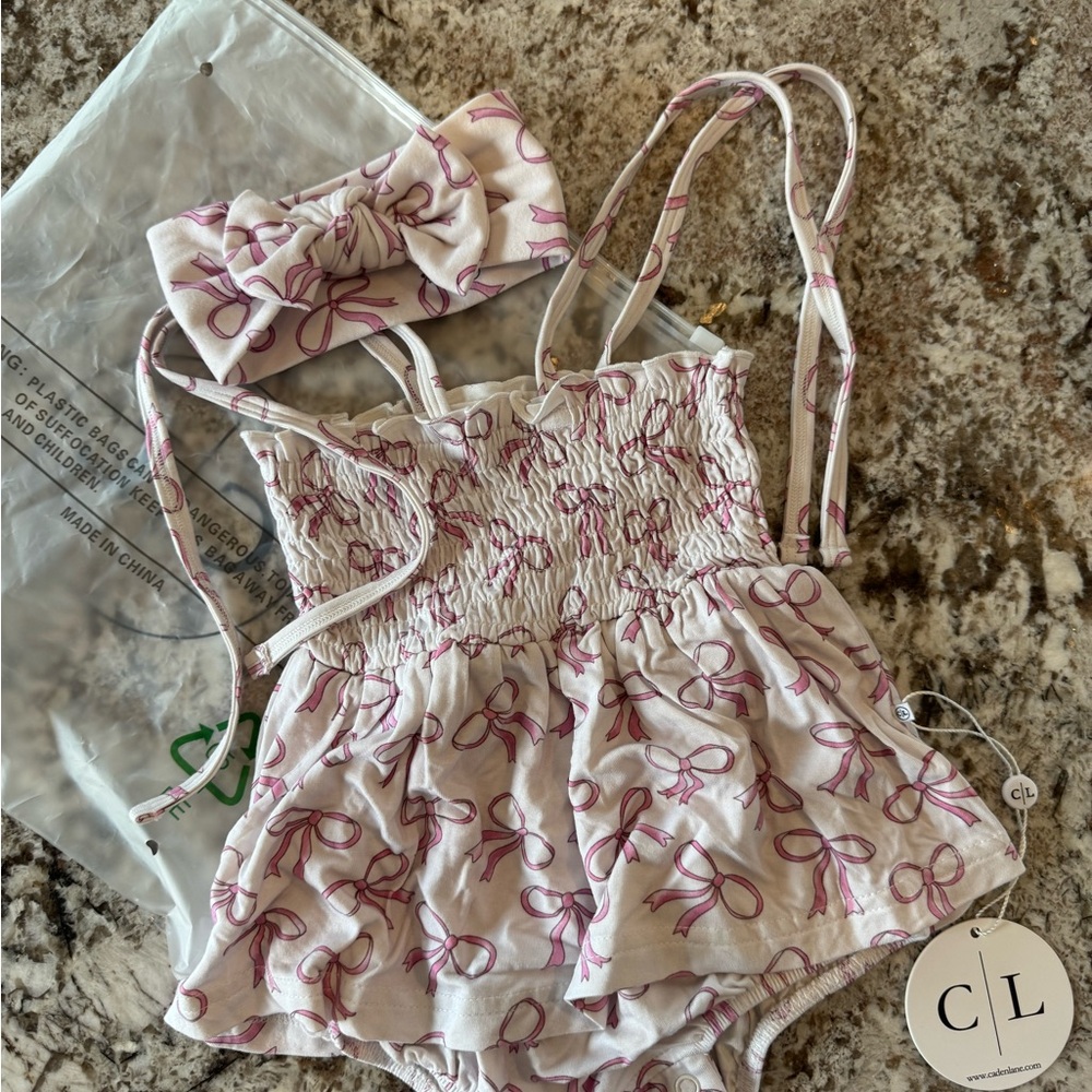 Caden Lane White Romper with Pink Bow Print and Matching Headband